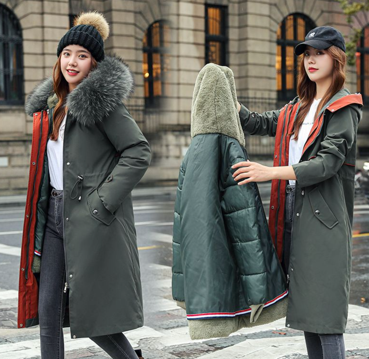 Parka informal con cuello de piel y capucha de invierno para mujer